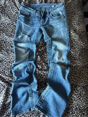 Miss Me Light Blue low waisted Boot Cut Jeans with Distressed Knee dm for measur